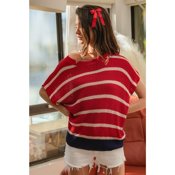 BiBi Fourth Of July Stripe Pattern Drop Shoulder Pullover Sweater | Oatmeal/Red - Picture 8 of 9